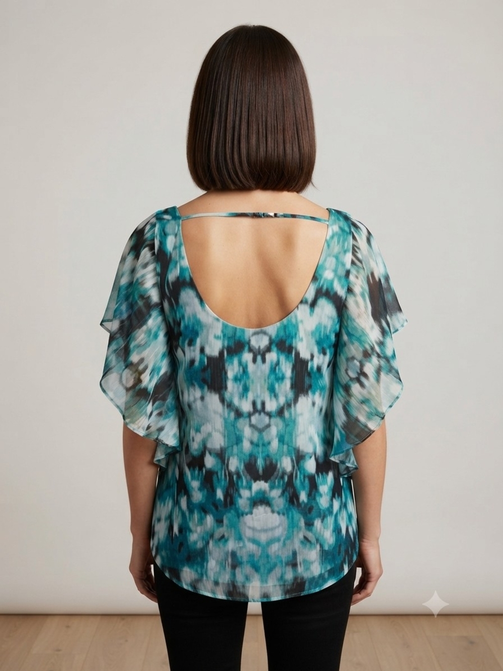 Guess Teal and Black Printed Flutter-Sleeve Blouse With Open Back Size Small